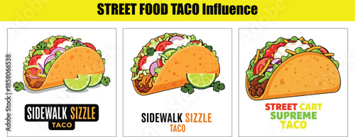 Three detailed tacos with lime and text labels Keywords: taco, street food, mexican, food
