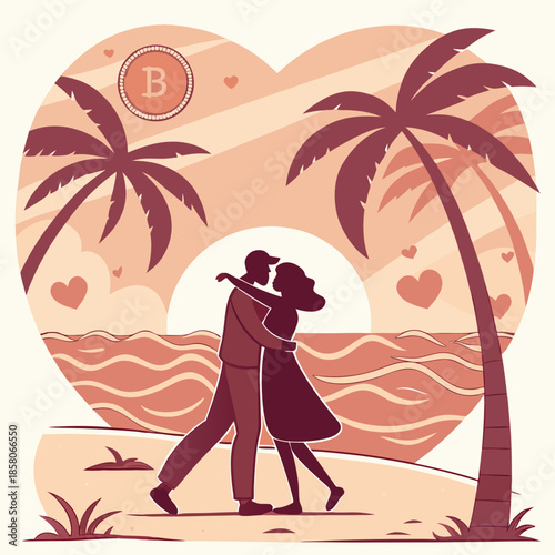 Silhouette Couple Embracing on a Pink Sunset Beach