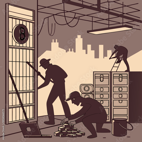 Silhouette of Men Burglarizing a Warehouse at Night