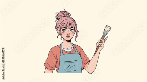 Young woman artist holding a paintbrush ready to paint.