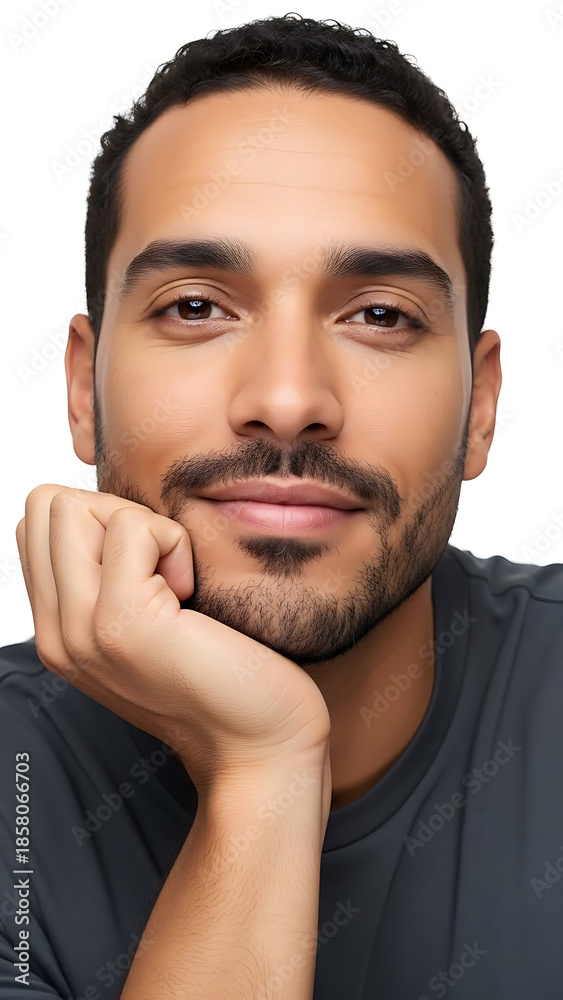 Obraz premium A young man with a thoughtful expression and a relaxed posture in a professional photo shoot