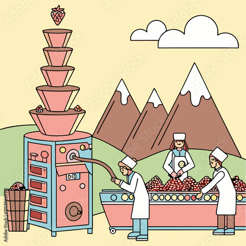 Strawberry Chocolate Candy Factory in Mountainous Landscape