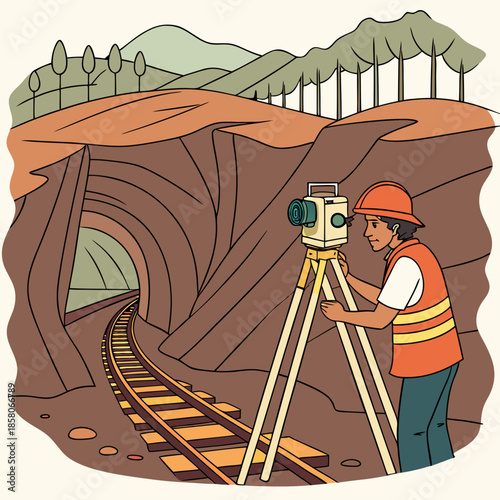 Surveyor Using Theodolite at a Mountainside Tunnel Construction Site