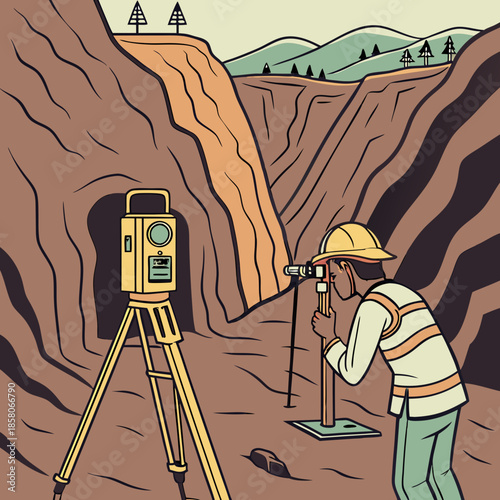 Surveyor Using Theodolite in Mountainous Terrain