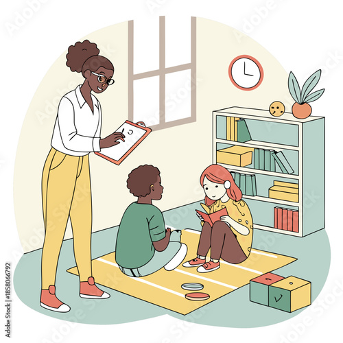 Teacher and Two Students Engaged in Classroom Activity