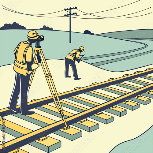 Surveyors Measuring Railroad Tracks in Rural Landscape