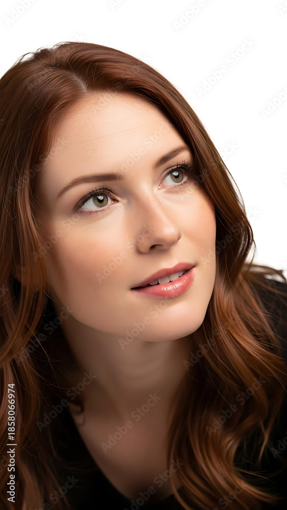 Fototapeta premium A beautiful woman with long brown hair and a subtle smile looks directly at the camera