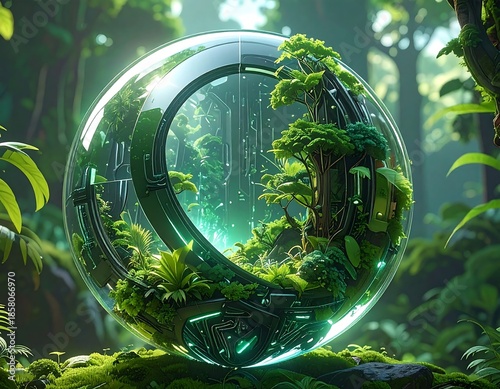 Futuristic orb encapsulates lush ecosystem amidst a verdant forest
