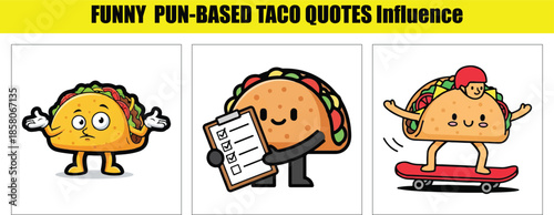 Cartoon tacos expressing emotions and engaging in activities Keywords: taco, food, mexican food