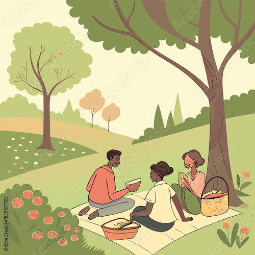 Three Friends Enjoying a Picnic in a Lush Green Park