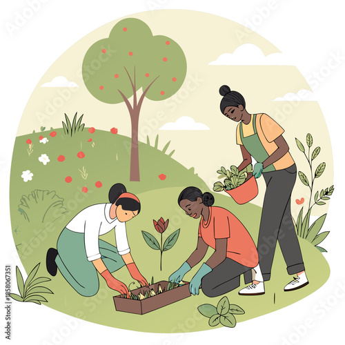 Three Women Gardening Together on a Hillside