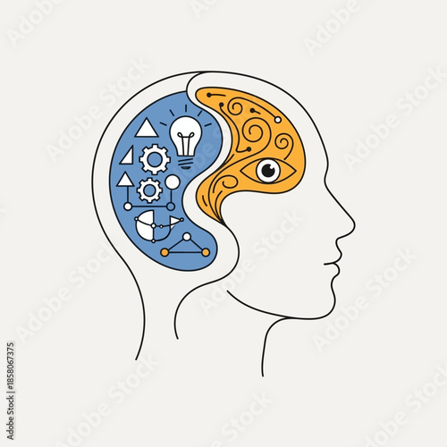 Conceptual illustration of human brain duality logic and creativity.