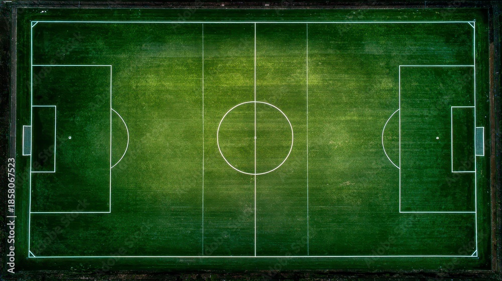 Obraz premium Aerial view of a well-maintained football pitch with clearly defined markings and goal areas, showcasing a symmetrical design