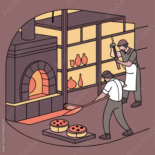 Two Bakers Preparing Pizzas in a Brick Oven