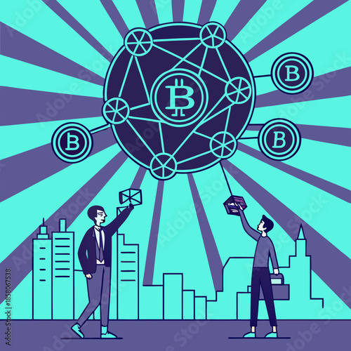 Two Businessmen Exchanging Bitcoin in a Cityscape Illustration