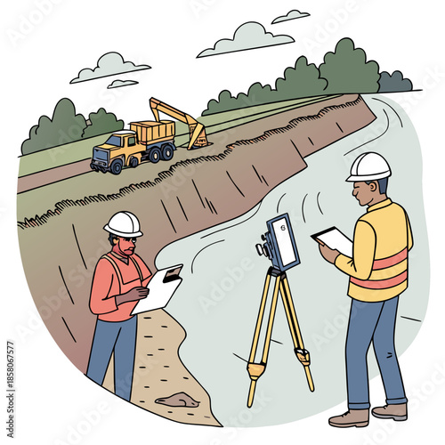 Two Construction Surveyors Working on Riverbank Dig Site