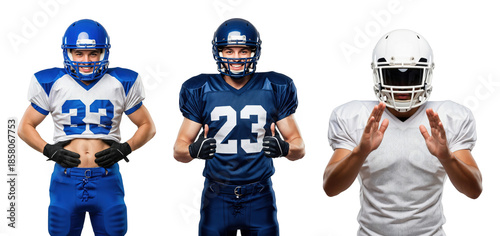 Three Male Football Players in Uniform Displaying Action Poses and Styles for Sports Photography