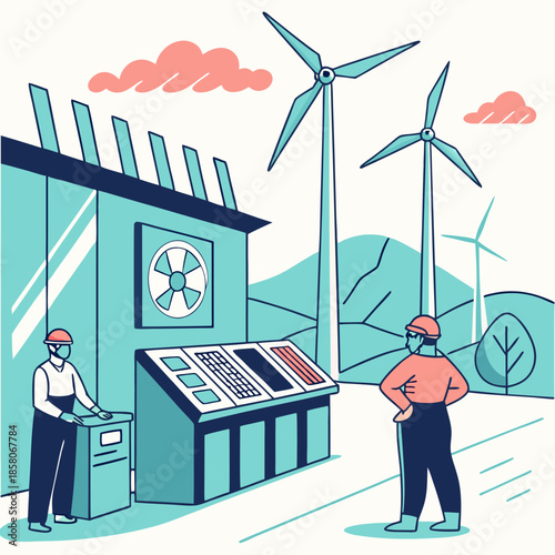 Two Engineers Inspecting Renewable Energy Technology at a Wind Farm