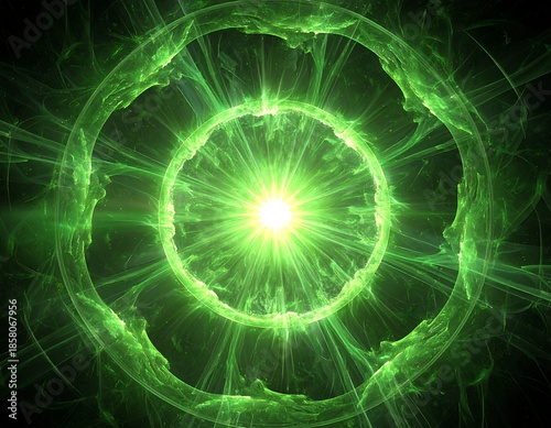 Glowing green energy rings emanate light against a dark background