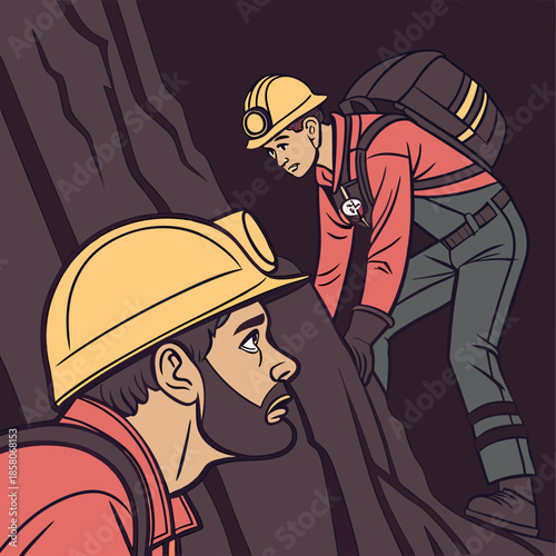 Two Miners Exploring Dark Cave Descent