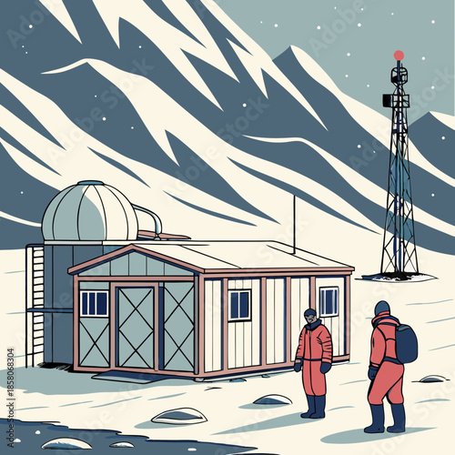 Two Scientists at Antarctic Research Station in Snowy Mountains