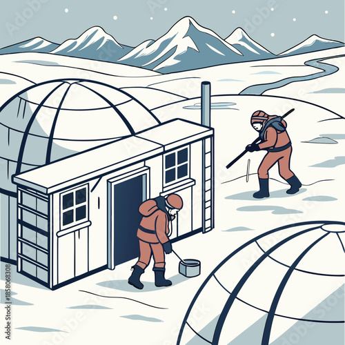 Two Scientists in Orange Parkas Working Near an Igloo in Snowy Mountains
