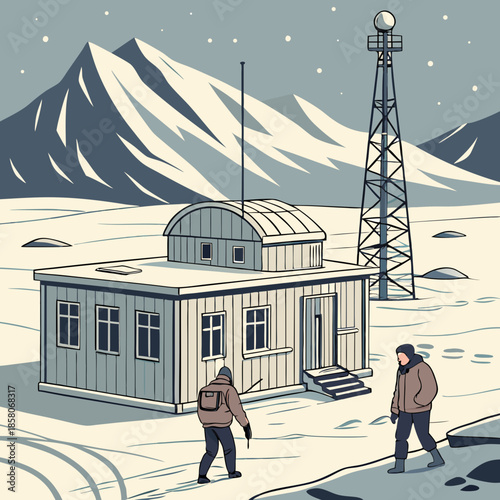 Two Scientists Walking Near a Research Station in a Snowy Antarctic Landscape