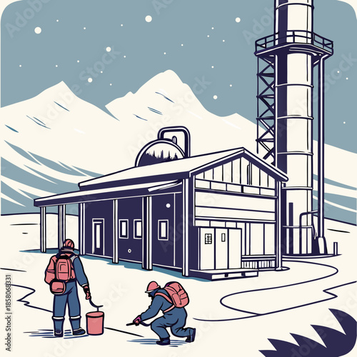 Two Scientists Working at a Research Station in a Snowy Mountain Landscape