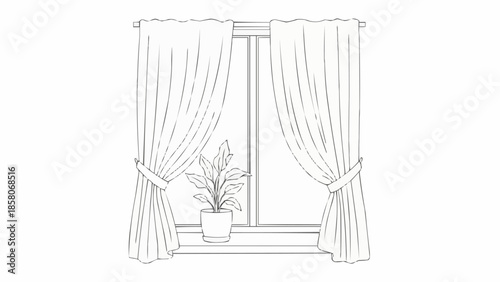 Window with curtains and a potted plant illustration.