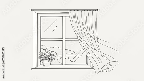 Window with Curtains Blowing in the Wind Line Art.