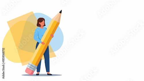 Woman Holding Giant Yellow Pencil for Writing or Drawing.