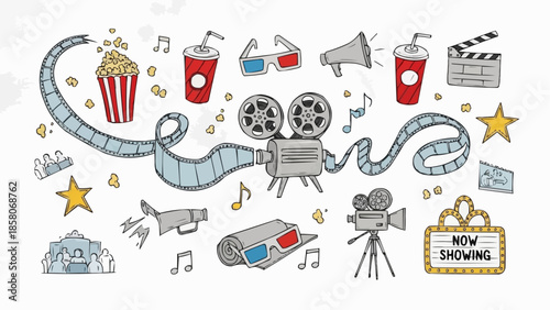 Vintage movie projector with film reel and cinema icons.