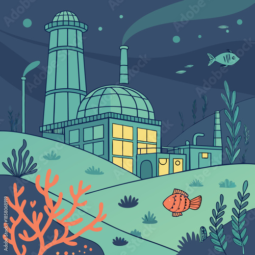 Undersea Industrial Facility at Night with Glowing Windows