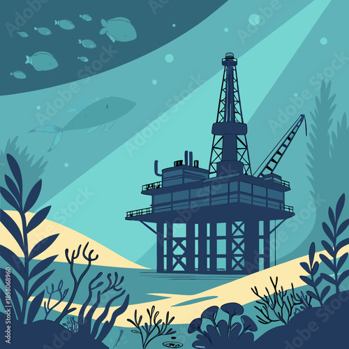 Underwater Oil Rig Silhouette with Marine Life