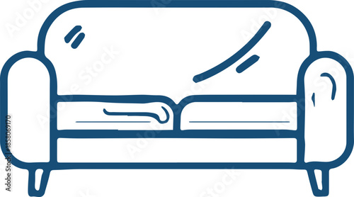 Simple line art illustration of a comfortable blue couch on a black background