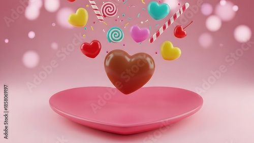 3D heart shaped podium with floating sweets, candies, and chocolate hearts on pink background