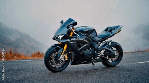 Sleek black sportbike parked on a mountain road with a dramatic backdrop of foggy hills and autumn foliage, 4K video.