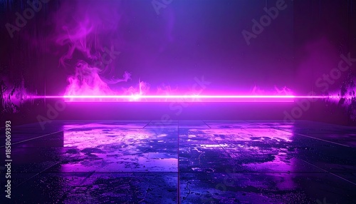 Futuristic stage with neon line and smoky, purple/blue ambiance