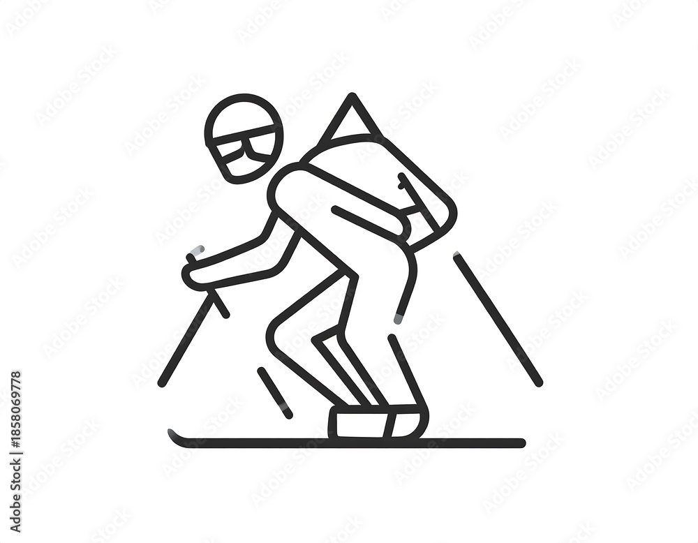 Obraz premium Black & white minimalist illustration of a skier navigating a snowy slope. Outlined figure with backpack and poles