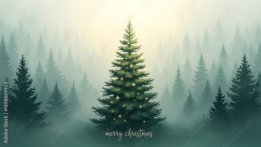 Fototapeta premium Merry christmas tree in a foggy forest with lights on branches