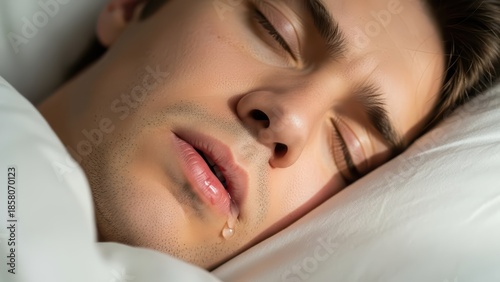 Caucasian young male sleeping peacefully with drool on pillow