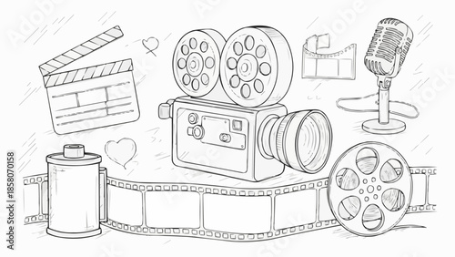 Vintage film production equipment and accessories illustration.