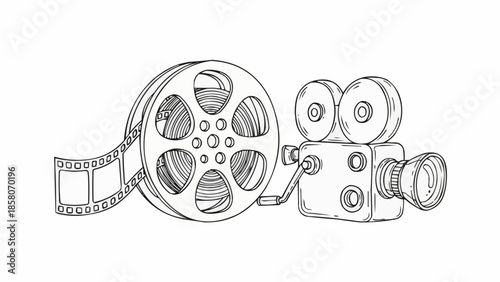 Vintage film reel and retro movie camera illustration.