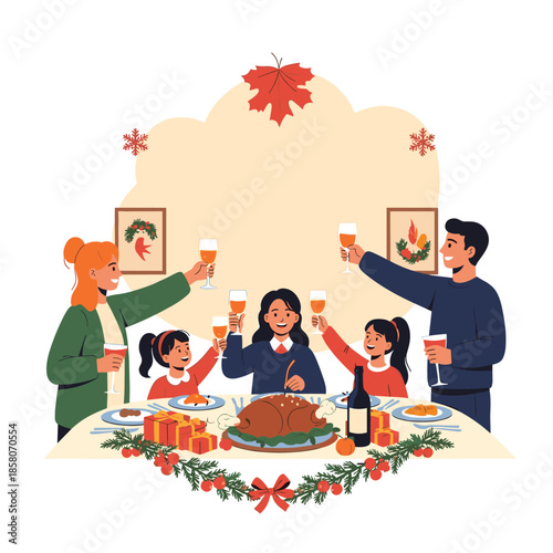 Happy family and friends gather around a festive dinner table toasting with glasses of wine for a holiday celebration.