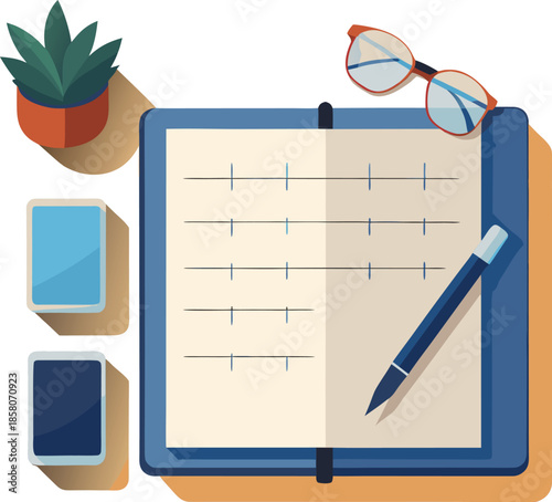 Flat lay of notebook glasses pen and phones on a warm toned surface