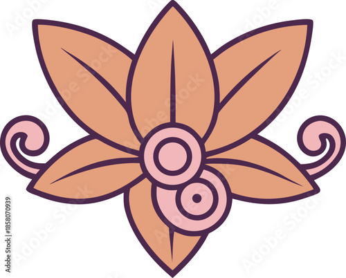 A stylized illustration of a vanilla bean flower with swirling decorative elements