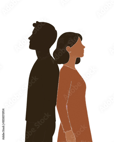 Couple standing back to back symbolizing relationship problems and emotional distance isolated on white background