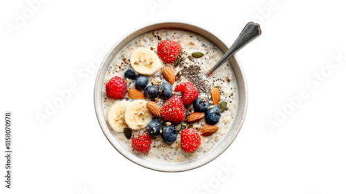 A vibrant bowl of healthy breakfast porridge topped with fresh fruits and nuts