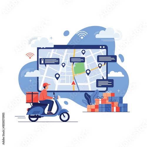 Delivery man on a blue scooter rides through the city to deliver packages with a large map navigation screen in the back.