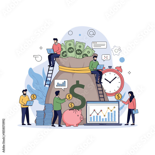 Business people collaborate on financial management using laptops and analyzing data around a giant bag of money.